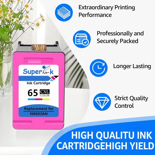 Vista 4 de SuperInk Cartucho de tinta remanufacturado de alto rendimiento compatible con HP 65 65XL N9K03AN Reemplazo para impresora Envy 5055 5052 5058