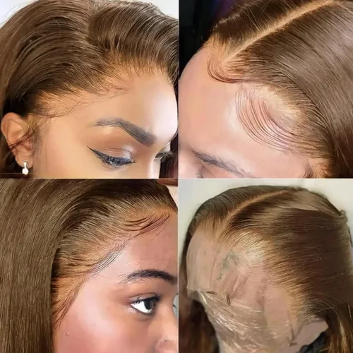 Vista 8 de Pelucas de encaje frontal sintético lacio marrón, sin pegamento, línea de cabello natural, con reflejos marrones, pelucas de encaje sintético marrón