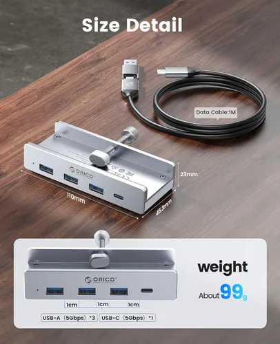 Vista 6 de ORICO Hub USB 3.0, Abrazadera USB Hub con puerto de alimentación adicional, 3 puertos de datos USB-A, puerto USB-C para monitores, escritorios