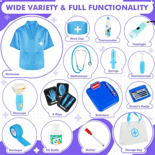 Vista 7 de IVENRXIU Kit de médico para niños, 17 piezas de juego médico con bolsa y disfraz para niños pequeños de 3 a 5 años, juguetes de juego de simulación