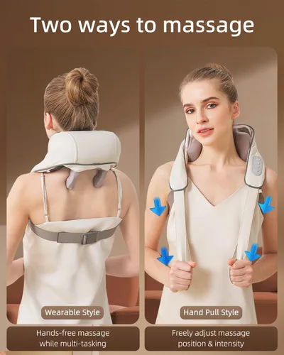 Vista 5 de Masajeador de cuello para aliviar el dolor de tejido profundo, alivia la tensión, amasador con calor, mejora la circulación, alivia el dolor Beige
