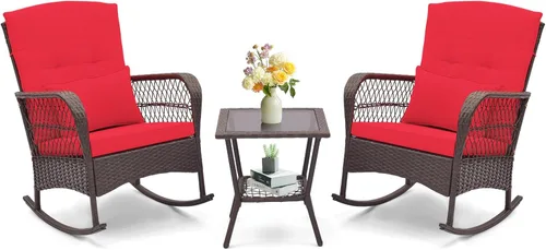 Vista 11 de ORALNER Juego de 3 mecedoras de mimbre para muebles de patio, sillas mecedoras para exteriores con cojines, almohadas, mesa de centro de cristal
