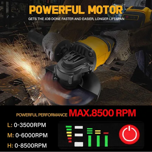Vista 4 de Amoladora angular inalámbrica de 4-1/2 pulgadas para batería De-Walt 20V Max, motor sin escobillas de 8500 RPM con control de 3 velocidades, ideal