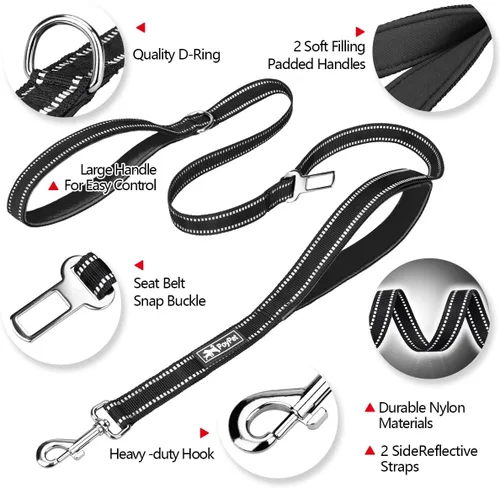 Vista 2 de PoyPet Correa para perro de 5 pies – reflectante 3M – 2 asas acolchadas – cinturón de seguridad funcional para automóvil (negro)