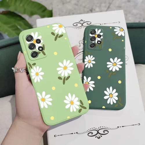 Vista 6 de Funda para Galaxy A53 5G, diseño de margaritas, protección completa de lente de cámara, a prueba de golpes, TPU parachoques de silicona líquida