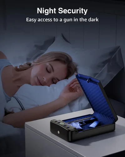 Vista 6 de Caja fuerte para pistola de mano pequeña biométrica, caja de seguridad portátil para pistola con acceso rápido por huellas dactilares, caja