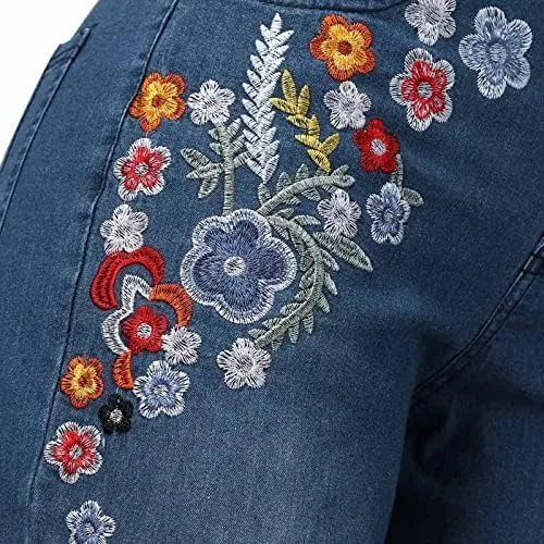 Vista 5 de Jeans acampanados para mujer, jeans bordados florales, elásticos, acampanados, talla grande, pantalones de mezclilla de pierna ancha Y2K