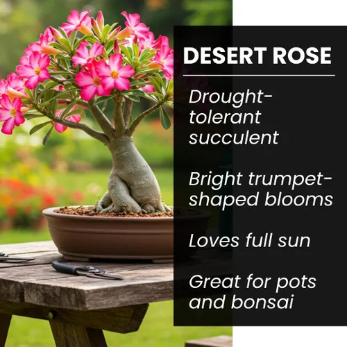 Vista 3 de Semillas de rosa del desierto (Adenium Obesum) Paquete de 20 – Planta bonsái con flores de colores mixtos – Suculenta tropical para macetas