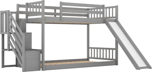 Vista 5 de SOFTSEA Twin Over Twin Low Bunk Bed with Slide and Stairs, Kids Floor Bunk Beds with Storage, Gray Grey