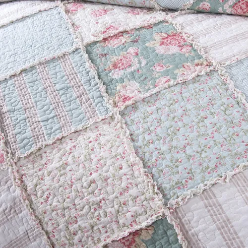 Vista 6 de DaDa Bedding - Juego de colcha de algodón con diseño de retazos florales campestres con un toque de menta, acolchada, con volantes multicolor pastel