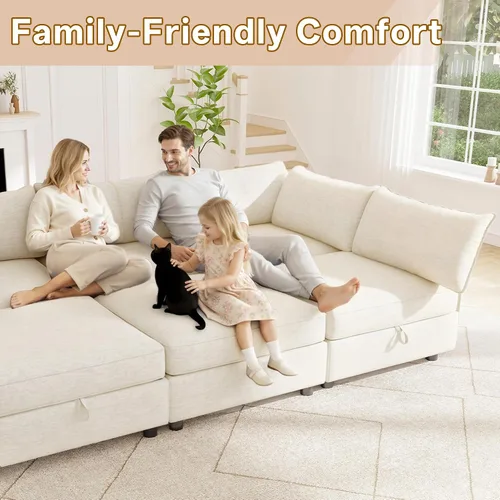 Vista 5 de 95.5" Sofá seccional modular de chenilla con almacenamiento oculto, sofá cama convertible en forma de L y U, sofá seccional moderno de 6 plazas