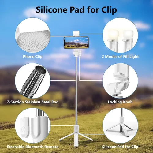 Vista 5 de Trípode para Selfie, Trípode Retráctil de 40 Pulgadas para iPhone con Control Remoto Inalámbrico y Luz, Trípodes Portátiles para Teléfono