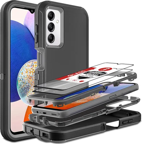 Vista 9 de Funda para Samsung Galaxy A14 5G, 3 en 1, protección resistente a prueba de golpes con 2 protectores de pantalla de vidrio templado, color azul Azul
