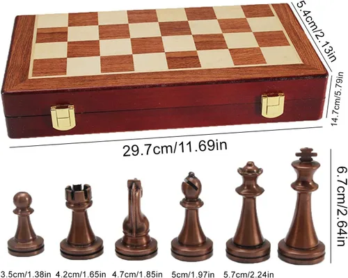 Vista 7 de Juego de ajedrez, grande de metal de lujo de ajedrez retro chapado en cobre aleación de ajedrez adulto juego de mesa portátil caja de madera