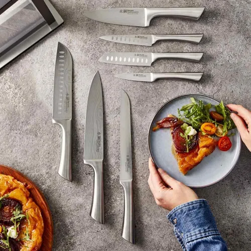 Vista 8 de Cuisine: pro Damashiro - Bloque de cuchillos Satori de 8 piezas, juego de cuchillos de acero japonés con bloque de cuchillos de madera de acacia