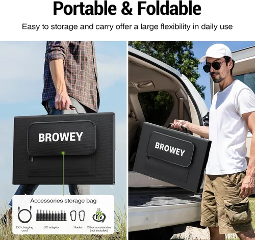 Vista 4 de BROWEY Panel solar portátil de 120 W para estación de energía, salidas USB/Type-C/DC, plegable con soporte ajustable, impermeable IP68, carga solar