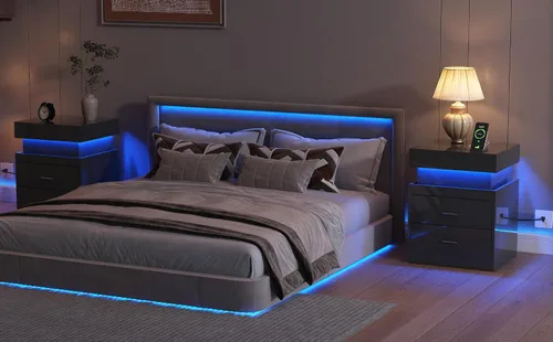 Vista 6 de ChooChoo Mesita de noche LED con estación de carga, mesita de noche inteligente con almacenamiento superior deslizante, mesa de noche de alto brillo