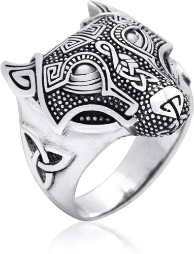 Vista 2 de Anillo de triquetra celta nórdico con cabeza de lobo vikingo de plata de ley 925 (13), Plata de ley, Sin piedras preciosas