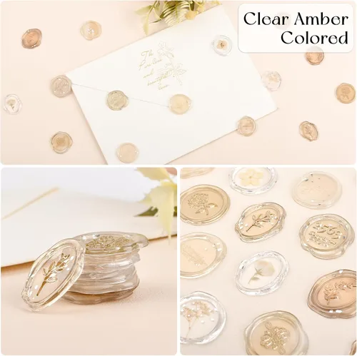 Vista 4 de Calcomanías de sello de cera ámbar transparente, 54 piezas de sellos de sobres con temática floral, calcomanías adhesivas para Navidad, invitaciones