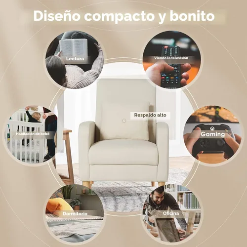Vista 5 de COLAMY Mid-Century - Silla decorativa tapizada moderna con almohada trasera y patas de madera maciza, sillón acogedor de tela para sala de estar