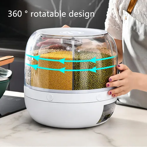 Vista 5 de Juego de 3 recipientes de almacenamiento de arroz y granos, plástico duradero y libre, dispensador giratorio de 360 grados con tapa extraíble