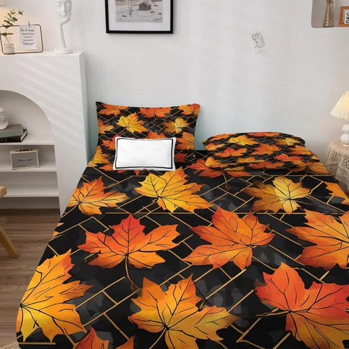 Vista 3 de Juego de sábanas de hojas de otoño tamaño individual, sábanas de microfibra suave y bolsillo profundo, sábanas y fundas de almohada estampadas sin