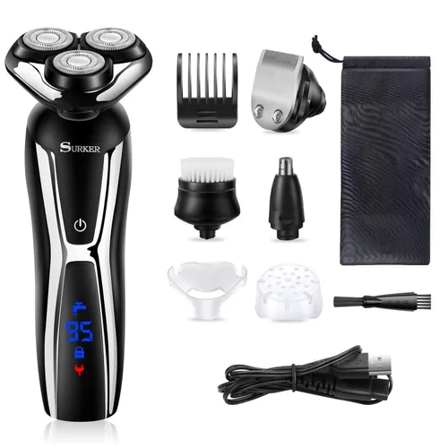 Vista 6 de SURKER Máquina de afeitar eléctrica inalámbrica para hombres, recortadora de pelo de nariz 3 en 1, kit de aseo más 1 cepillo de limpieza facial