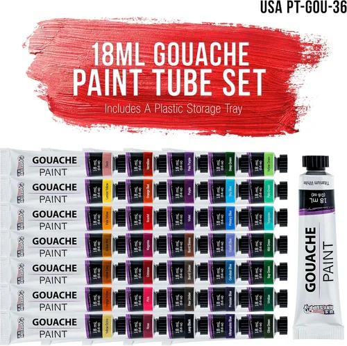 Vista 2 de U.S. Art Supply Juego profesional de pintura gouache de 36 colores en tubos grandes de 18ml y rueda de mezcla de colores - Tubos de pintura gouache