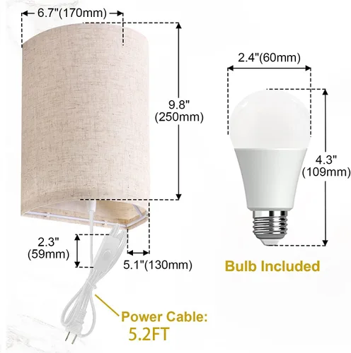 Vista 6 de AVV Juego de dos apliques de pared, lámpara de pared enchufable con interruptor de encendido/apagado, 2700K 4000K 5000K seleccionables, luces