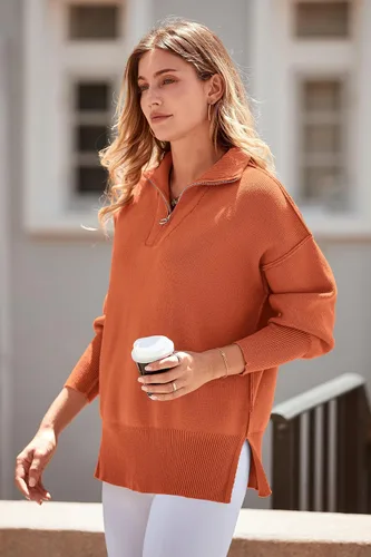 Vista 8 de PRETTYGARDEN Suéter de otoño de gran tamaño para mujer, casual, manga larga, con cremallera, cuello