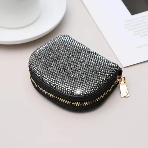 Vista 6 de AsAlways RFID Rhinestone titular de la tarjeta de crédito semicírculo multicapa cremallera caso Bling Crystal Slim pequeña cartera para mujeres