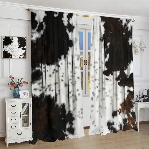 Vista 8 de Cortinas Opacas de Piel de Vaca Estilo Granja Rústico Occidental Marrón Negro Blanco Estampado Artístico de Piel de Vaca para Niños Chicos Hombres