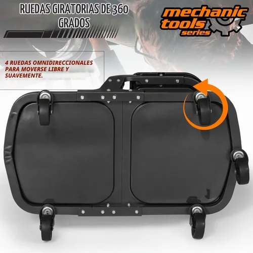 Vista 8 de M-AUTO Asiento de rodillo para garaje, taburete de taller mecánico resistente con bandeja para herramientas y estante para equipos, asiento