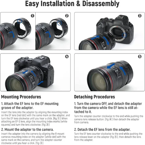 Vista 6 de NEEWER Adaptador de montaje EF a EOS R, lente EF/EF-S a cámara de montaje RF, anillo convertidor de enfoque automático compatible con Canon EOS R Ra