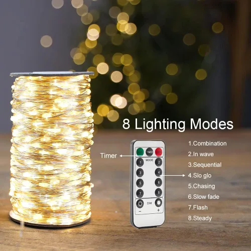 Vista 3 de Paquete de 2 luces de hadas enchufables de 100 pies, 300 LED, impermeables, alambre plateado, luces LED parpadeantes con control remoto para sala