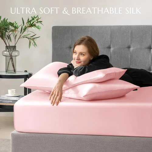 Vista 50 de THXSILK Juego de sábanas bajeras de 100% seda de morera, 3 piezas de seda 7A+, transpirable, suave, sábana bajera de 16 pulgadas de profundidad, 2