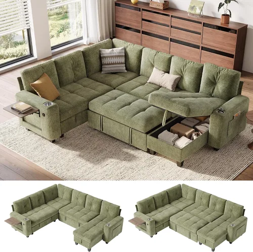 Vista 25 de LINSY HOME Modular Sectional Sofa Bed, Chenille Pull Out Couch 2 Seat Beige