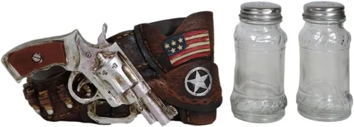 Vista 3 de Ebros Gift Rústico vaquero occidental revólver pistola pistola de cuero sintético con estrella y bandera sal y pimienta juego de agitadores