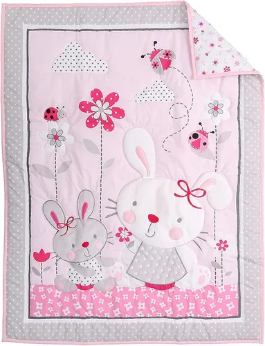 Vista 2 de Juego de ropa de cama de 3 piezas con bordado floral rosa con temática de conejo, ropa de cama para bebé, niña, color rosa rubor, sábana bajera +