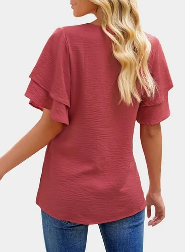 Vista 2 de SHEWIN Blusas de verano para mujer, estilo casual, cuello en V, con volantes, manga corta, holgadas