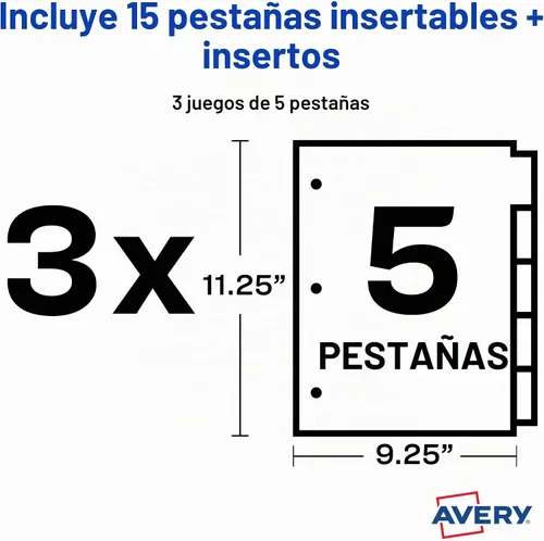 Vista 8 de Avery Separadores para carpetas de 3 anillas, juegos de 5 pestañas, separadores de carpeta de plástico de dos bolsillos con pestañas, multicolor, 3