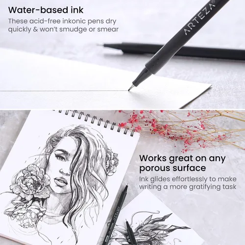 Vista 3 de ARTEZA - Plumones Black Inkonic Fineliners, juego de 12, marcadores de punta fina de 0.4 mm, plumones de arte a base de agua para dibujar, hacer