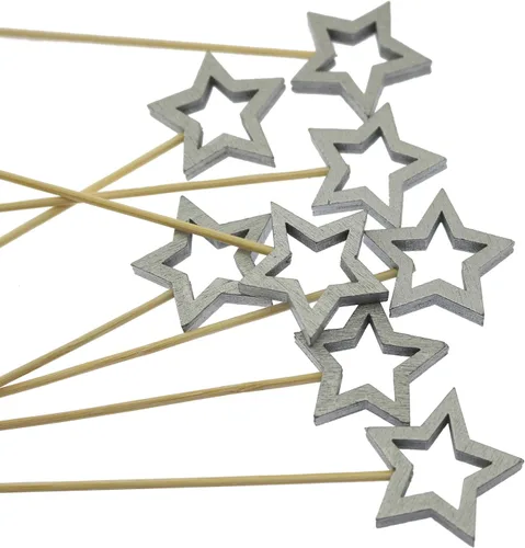Vista 3 de Star Cocktail Pick yyangz - 100 púas de cóctel de bambú en forma de estrella plateada, palillos de dientes de Navidad para aperitivo, barbacoa