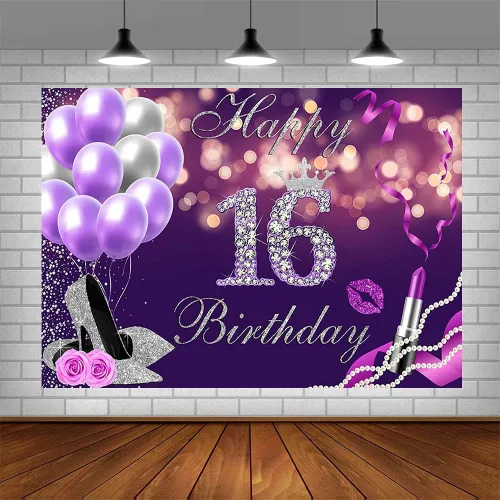 Vista 4 de Telón de fondo de feliz cumpleaños número 16 de 7 x 5 pies, globos Bokeh morados con purpurina plateada con purpurina, fondo de lápiz labial