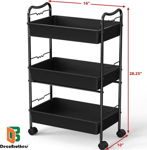 Vista 2 de Deco Brothers Carrito utilitario de almacenamiento de metal de 3 niveles con ruedas, negro