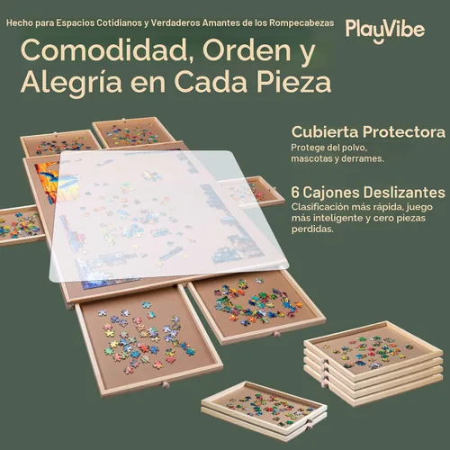 Vista 2 de PlayVibe Tablero de rompecabezas de 1500 piezas con cajones y cubierta, estación de resolución de rompecabezas, mesa portátil con cajones, bandeja