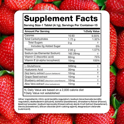 Vista 13 de PLIX Glowy Skin Suplemento de glutatión de 500 mg con ácido hialurónico, vitamina C, E y bayas 15 tabletas efervescentes, sabor fresa