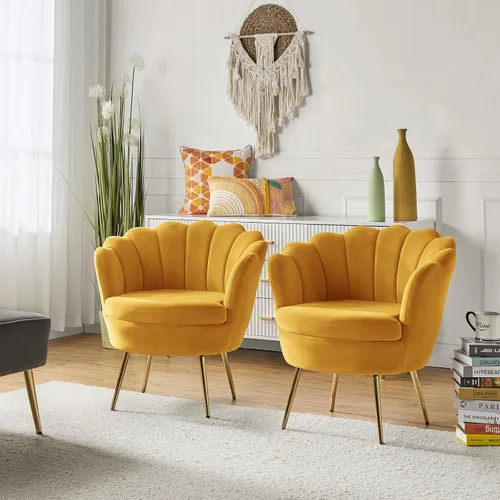 Vista 21 de HULALA HOME Silla decorativa moderna de terciopelo con respaldo en forma de concha, bonito sillón para sala de estar, dormitorio con patas doradas