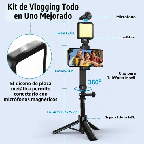 Vista 3 de yAyusi Kit de vlogging para iPhone/Android, trípode para selfie stick de 30.71 pulgadas con luz, micrófono y cajas de almacenamiento, kit básico