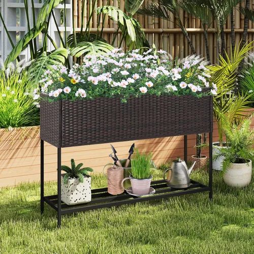Vista 2 de HAPPYGRILL Cama de jardín elevada de ratán con patas, estante inferior de Maceta elevada con forro extraíble, sistema de drenaje, maceta elevada